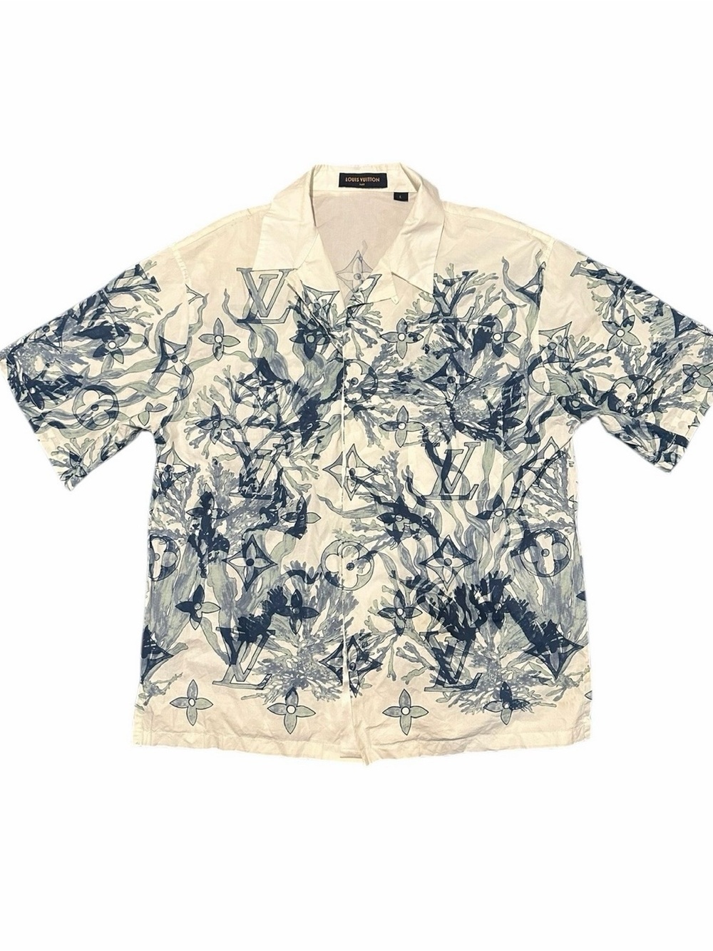 Louis Vuitton Cream and Blue Monogram Floral Camp Shirt, pre-owned, SZ L